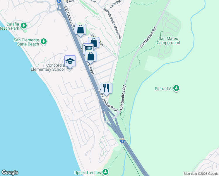 map of restaurants, bars, coffee shops, grocery stores, and more near 118 Avenida Santa Margarita in San Clemente