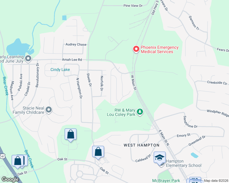 map of restaurants, bars, coffee shops, grocery stores, and more near 261 Norfolk Drive in Hampton
