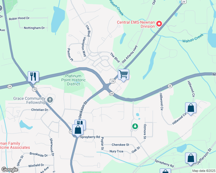 map of restaurants, bars, coffee shops, grocery stores, and more near Jackson Street in Newnan