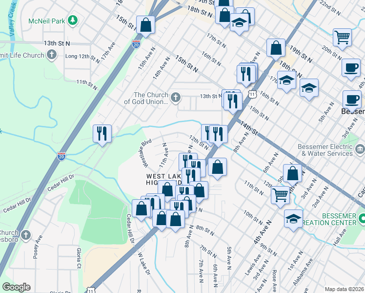 map of restaurants, bars, coffee shops, grocery stores, and more near 1017 11th Street North in Bessemer