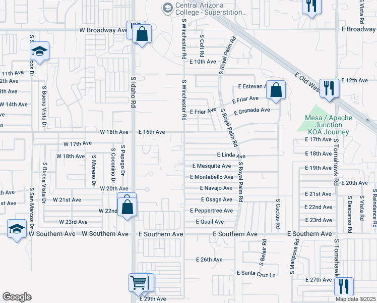 map of restaurants, bars, coffee shops, grocery stores, and more near 422 East Linda Avenue in Apache Junction