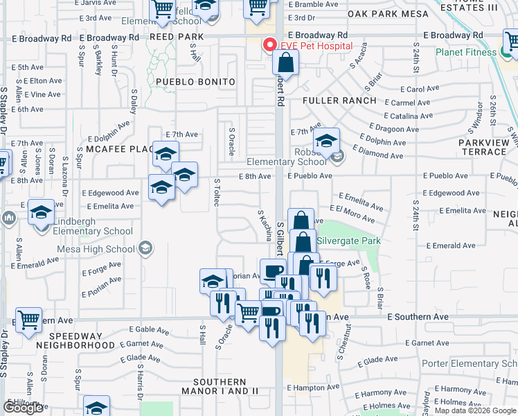 map of restaurants, bars, coffee shops, grocery stores, and more near in Mesa