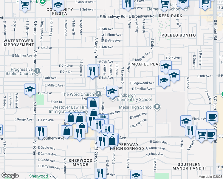 map of restaurants, bars, coffee shops, grocery stores, and more near 1324 East 9th Avenue in Mesa