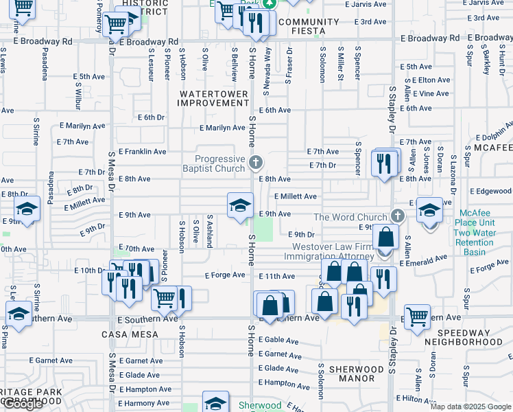 map of restaurants, bars, coffee shops, grocery stores, and more near 764 East 9th Avenue in Mesa