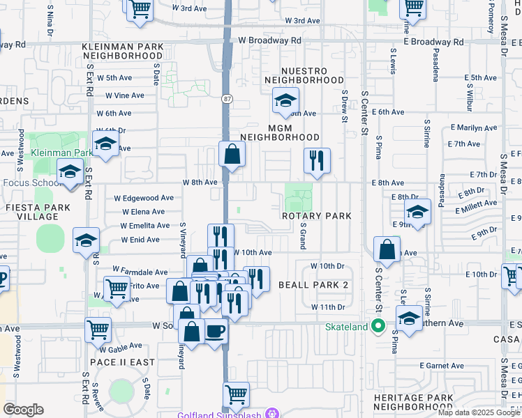 map of restaurants, bars, coffee shops, grocery stores, and more near 901 South Country Club Drive in Mesa