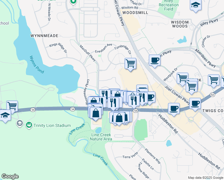 map of restaurants, bars, coffee shops, grocery stores, and more near 3308 Merrick Drive in Peachtree City