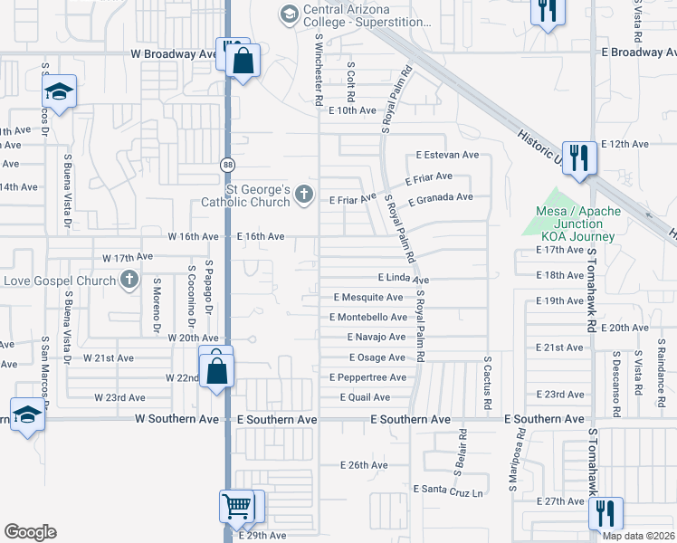map of restaurants, bars, coffee shops, grocery stores, and more near 422 East Linda Avenue in Apache Junction