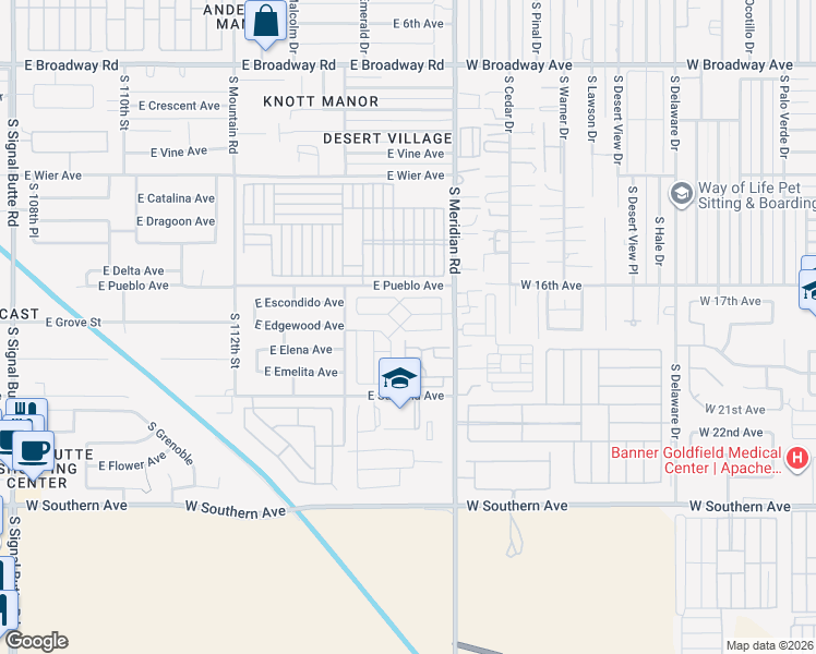 map of restaurants, bars, coffee shops, grocery stores, and more near 834 South Meridian Road in Apache Junction