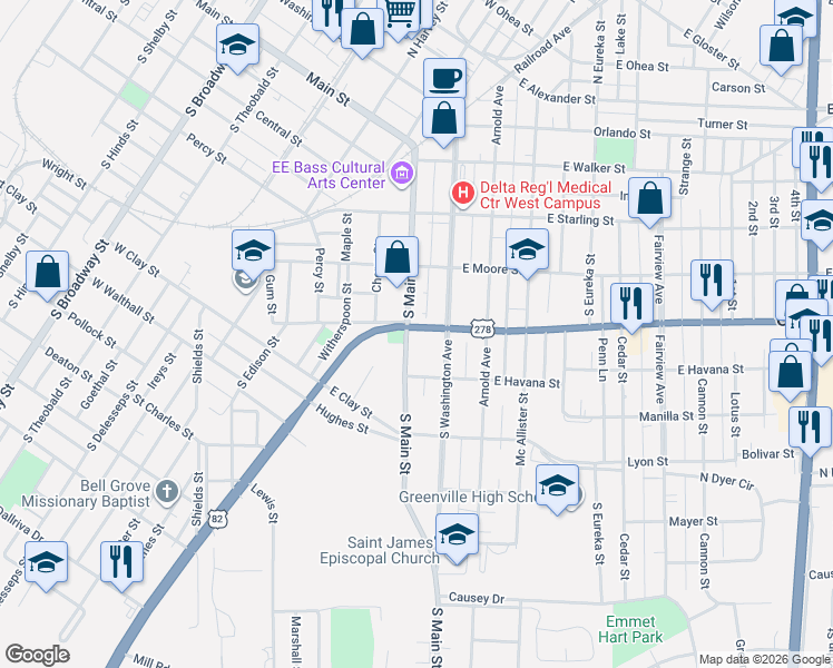 map of restaurants, bars, coffee shops, grocery stores, and more near 612 South Main Street in Greenville