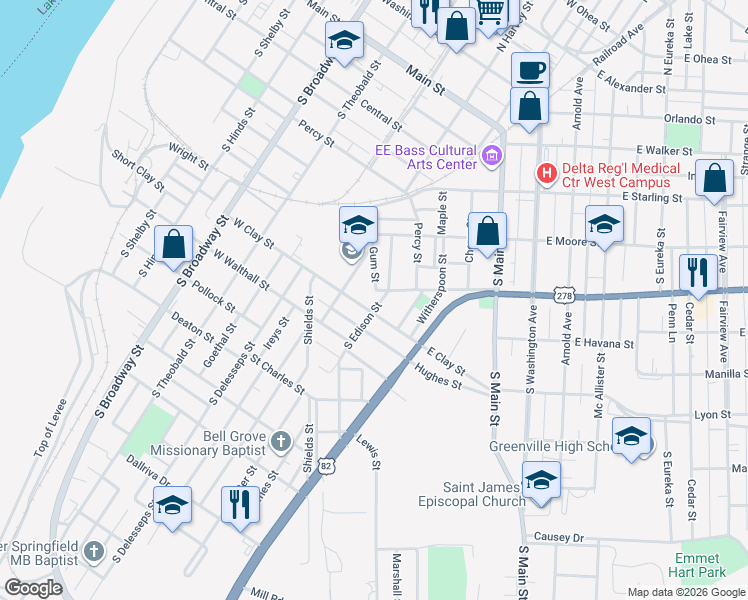 map of restaurants, bars, coffee shops, grocery stores, and more near 609 East Clay Street in Greenville