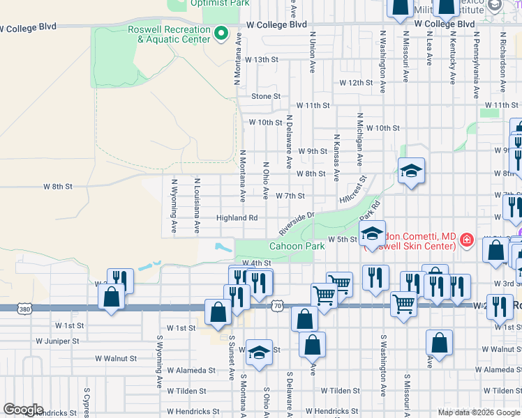 map of restaurants, bars, coffee shops, grocery stores, and more near 1205 Highland Road in Roswell