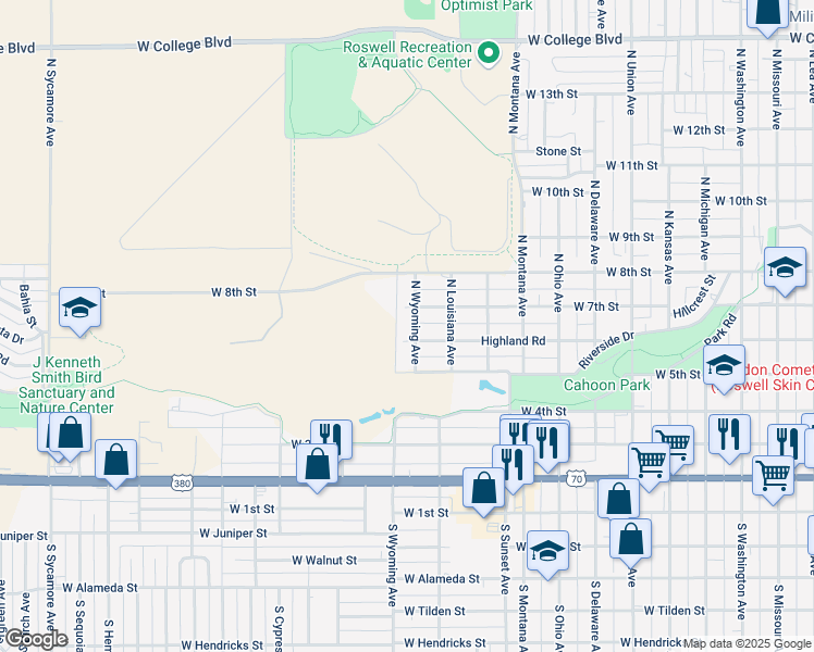 map of restaurants, bars, coffee shops, grocery stores, and more near 604 North Wyoming Avenue in Roswell