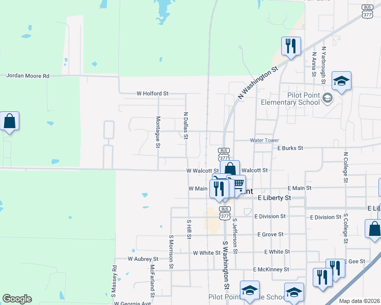 map of restaurants, bars, coffee shops, grocery stores, and more near 301 North Dallas Street in Pilot Point