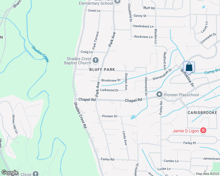 map of restaurants, bars, coffee shops, grocery stores, and more near 2117 Larkwood Drive in Birmingham