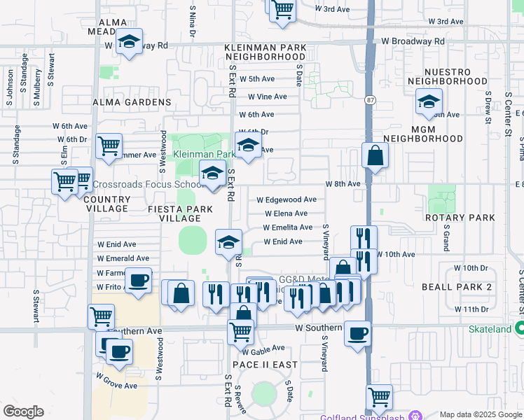 map of restaurants, bars, coffee shops, grocery stores, and more near 657 West Elena Avenue in Mesa