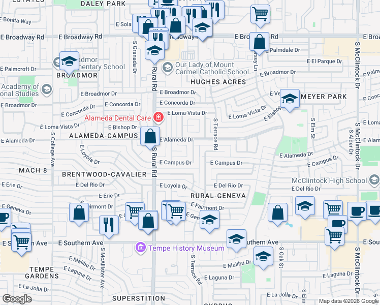 map of restaurants, bars, coffee shops, grocery stores, and more near 1021 East Balboa Circle in Tempe