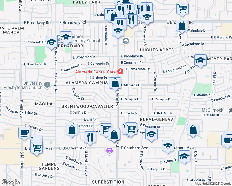 map of restaurants, bars, coffee shops, grocery stores, and more near 804 East Campus Drive in Tempe