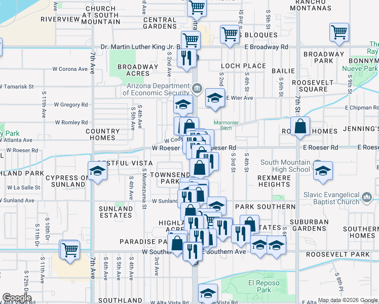 map of restaurants, bars, coffee shops, grocery stores, and more near 5202 South Central Avenue in Phoenix