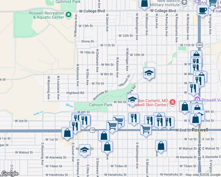 map of restaurants, bars, coffee shops, grocery stores, and more near 17 Riverside Drive in Roswell