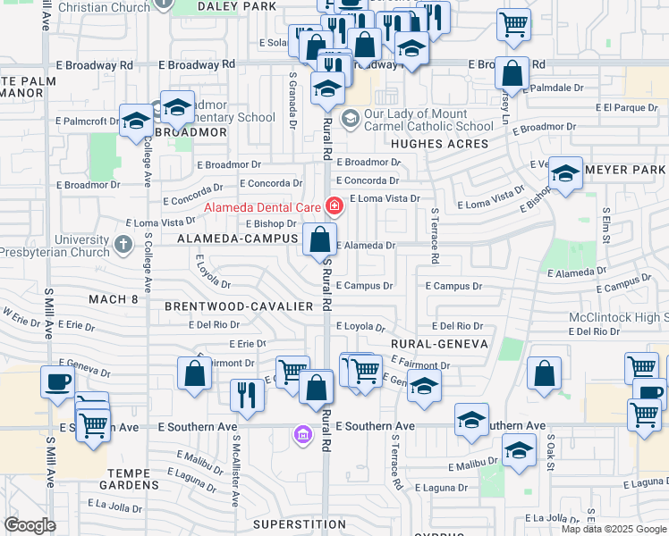 map of restaurants, bars, coffee shops, grocery stores, and more near 2725 South Rural Road in Tempe
