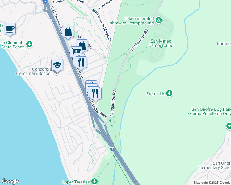 map of restaurants, bars, coffee shops, grocery stores, and more near Panhe Nature Trail in Oceanside