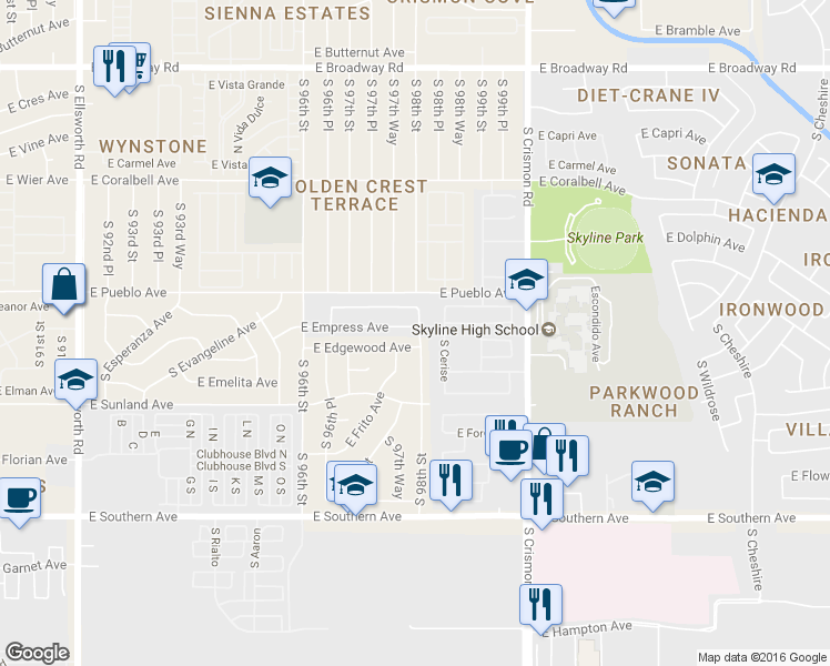 map of restaurants, bars, coffee shops, grocery stores, and more near 9757 East Empress Avenue in Mesa