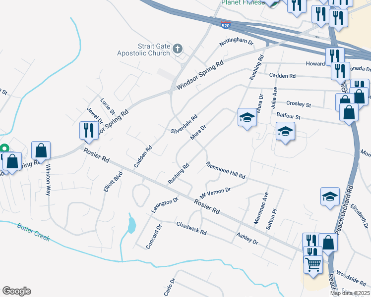 map of restaurants, bars, coffee shops, grocery stores, and more near 2308 Mura Drive in Augusta