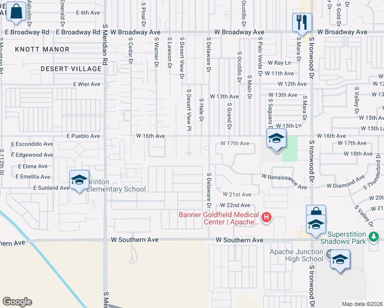 map of restaurants, bars, coffee shops, grocery stores, and more near 2471 West 16th Avenue in Apache Junction