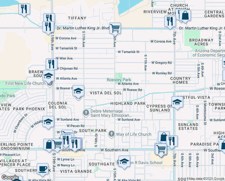 map of restaurants, bars, coffee shops, grocery stores, and more near 5203 South 15th Drive in Phoenix