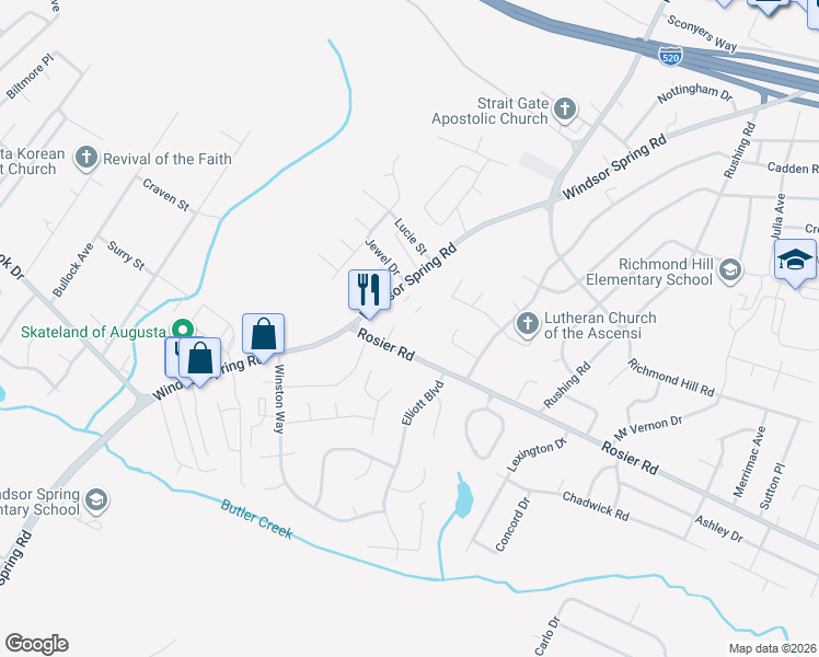 map of restaurants, bars, coffee shops, grocery stores, and more near 2243 Rosier Road in Augusta