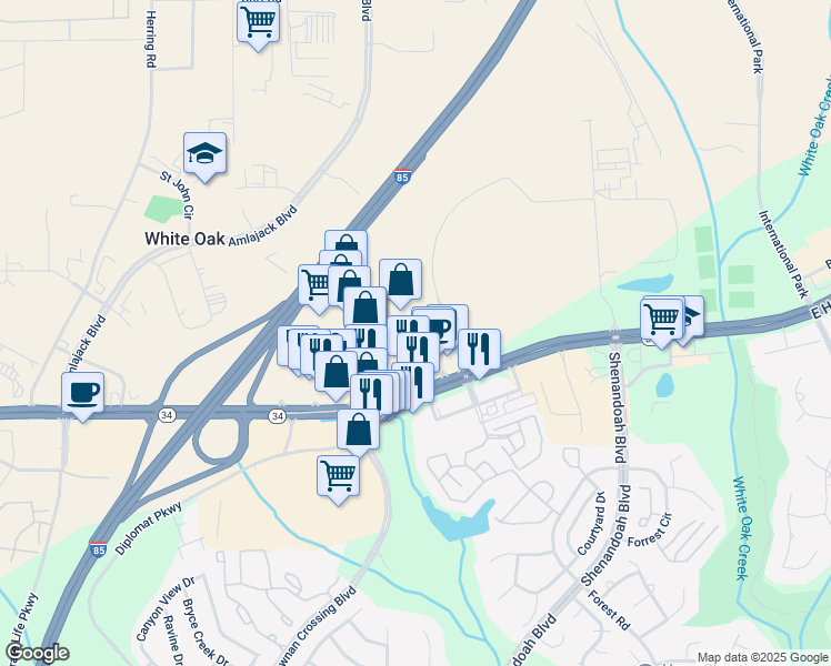 map of restaurants, bars, coffee shops, grocery stores, and more near 1140 Bullsboro Drive in Newnan