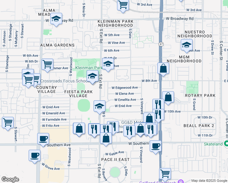 map of restaurants, bars, coffee shops, grocery stores, and more near 657 West Elena Avenue in Mesa