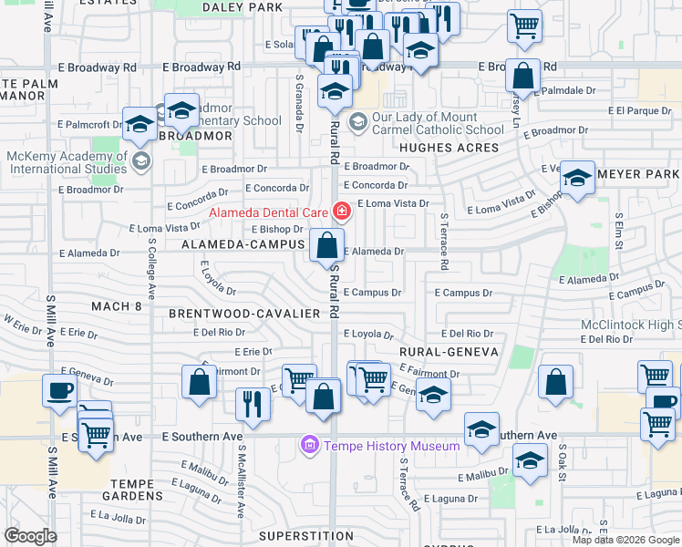 map of restaurants, bars, coffee shops, grocery stores, and more near 2725 South Rural Road in Tempe