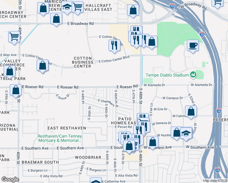 map of restaurants, bars, coffee shops, grocery stores, and more near 4631 East Roeser Road in Phoenix