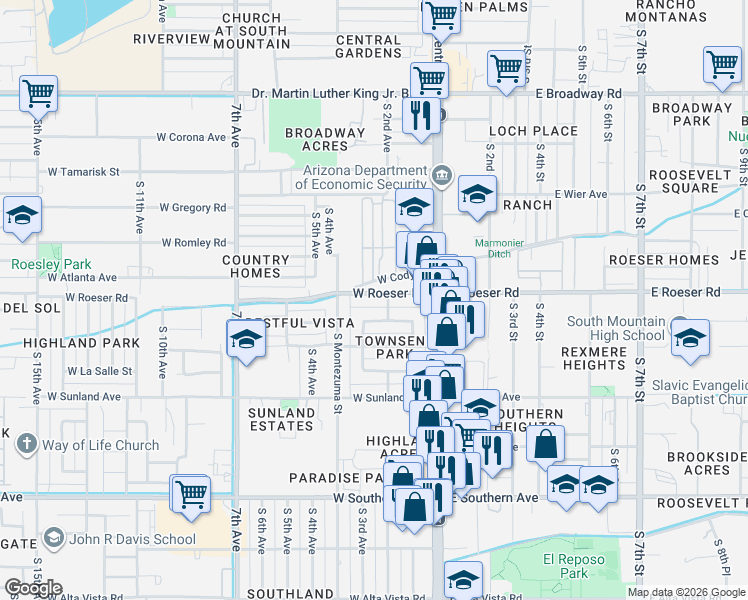 map of restaurants, bars, coffee shops, grocery stores, and more near 206 West Grove Street in Phoenix
