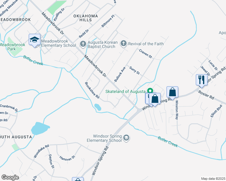map of restaurants, bars, coffee shops, grocery stores, and more near 3609 Lofwood Court in Augusta