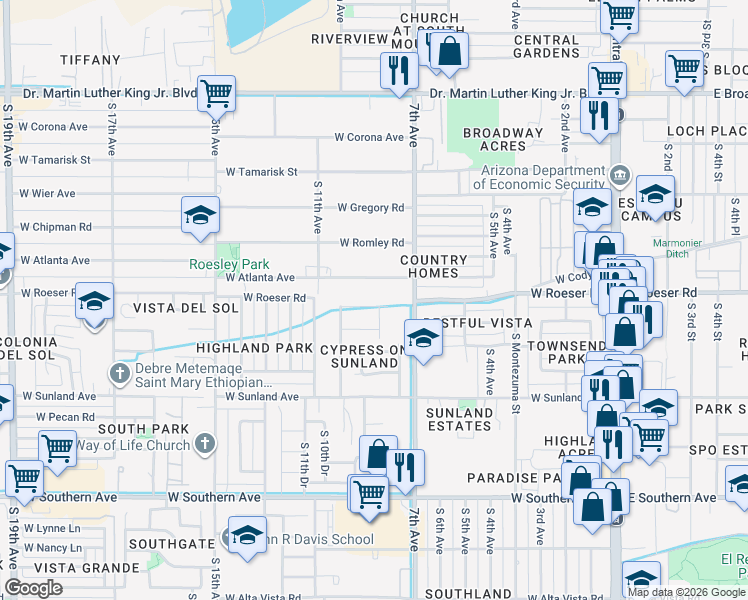 map of restaurants, bars, coffee shops, grocery stores, and more near 5217 South 8th Drive in Phoenix