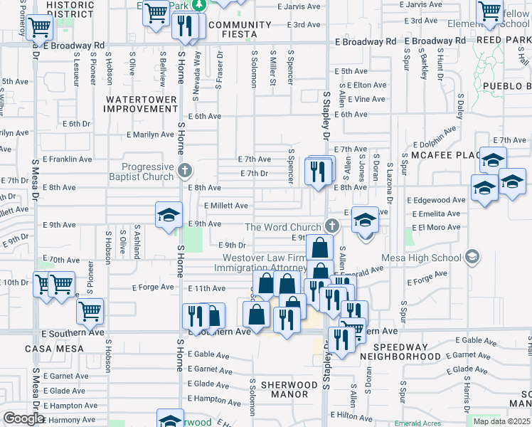 map of restaurants, bars, coffee shops, grocery stores, and more near 1036 East 9th Avenue in Mesa