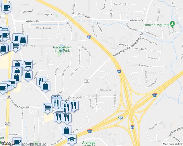 map of restaurants, bars, coffee shops, grocery stores, and more near 2216 Rocky Ridge Road in Birmingham