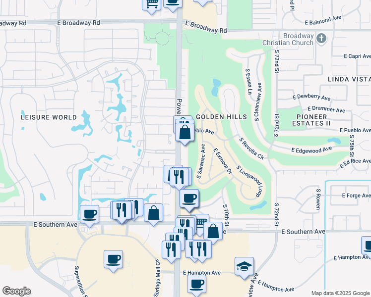 map of restaurants, bars, coffee shops, grocery stores, and more near 801 South Power Road in Mesa