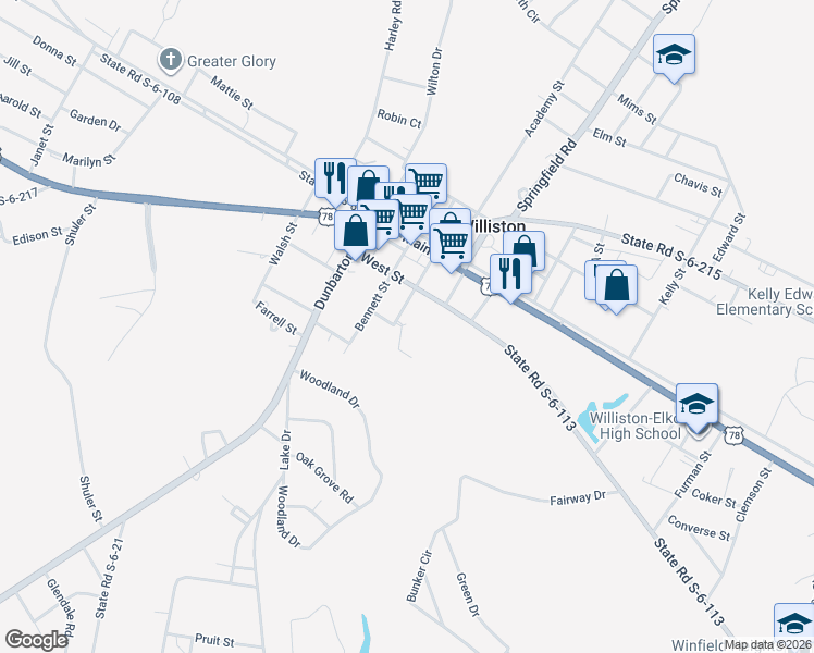 map of restaurants, bars, coffee shops, grocery stores, and more near 4625 West Street in Williston