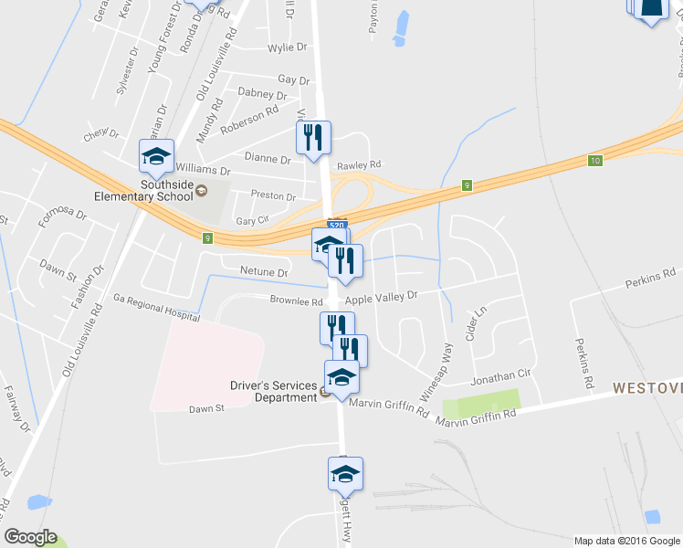 map of restaurants, bars, coffee shops, grocery stores, and more near 3408 Mike Padgett Highway in Augusta