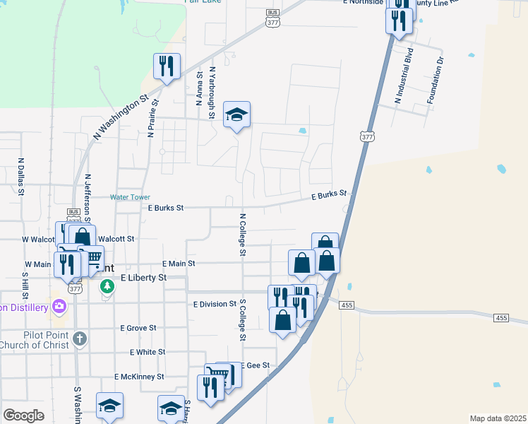 map of restaurants, bars, coffee shops, grocery stores, and more near 639 East Burks Street in Pilot Point