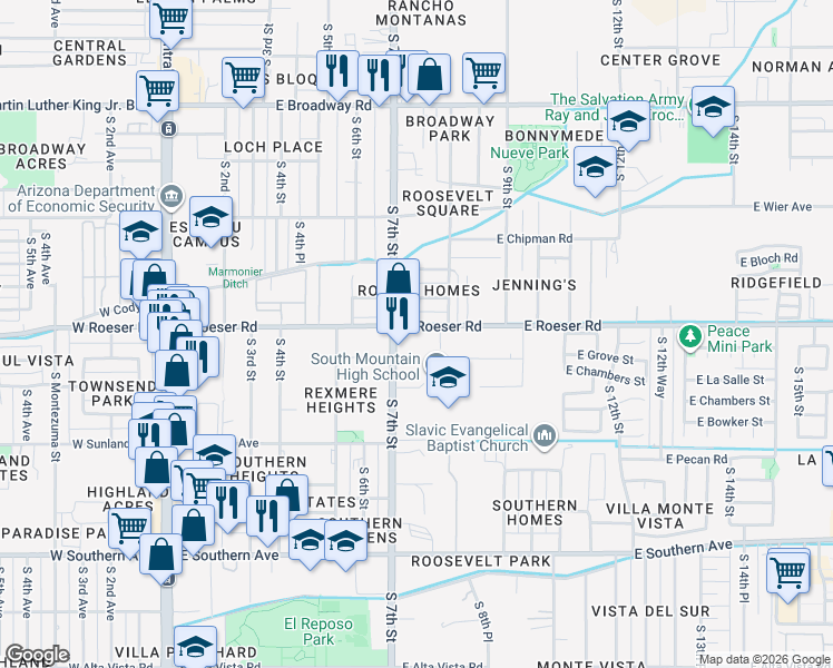 map of restaurants, bars, coffee shops, grocery stores, and more near 719 East Roeser Road in Phoenix