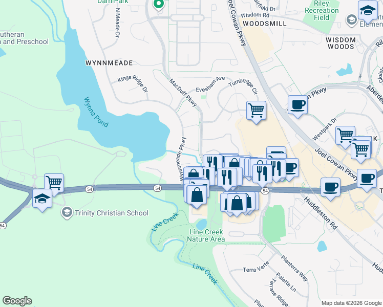 map of restaurants, bars, coffee shops, grocery stores, and more near 203 Kings Court in Peachtree City