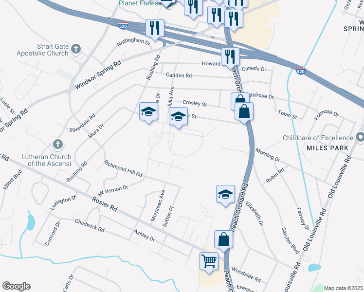 map of restaurants, bars, coffee shops, grocery stores, and more near 3420 Julia Avenue in Augusta