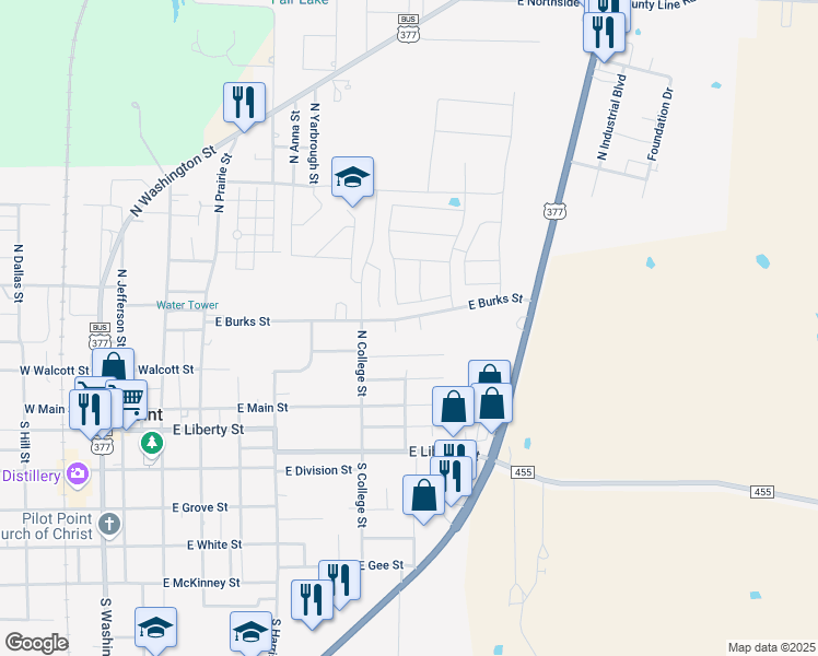 map of restaurants, bars, coffee shops, grocery stores, and more near 639 East Burks Street in Pilot Point