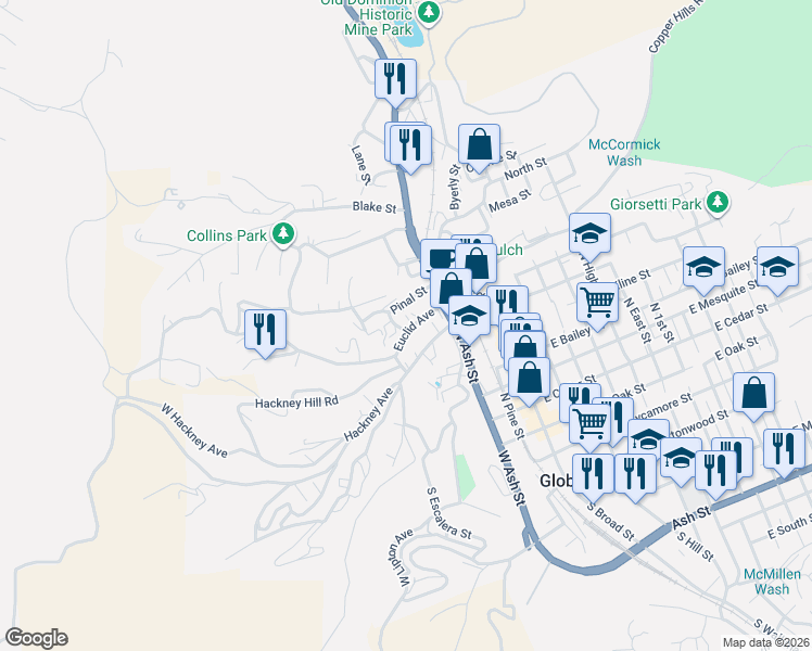 map of restaurants, bars, coffee shops, grocery stores, and more near 361 Euclid Avenue in Globe