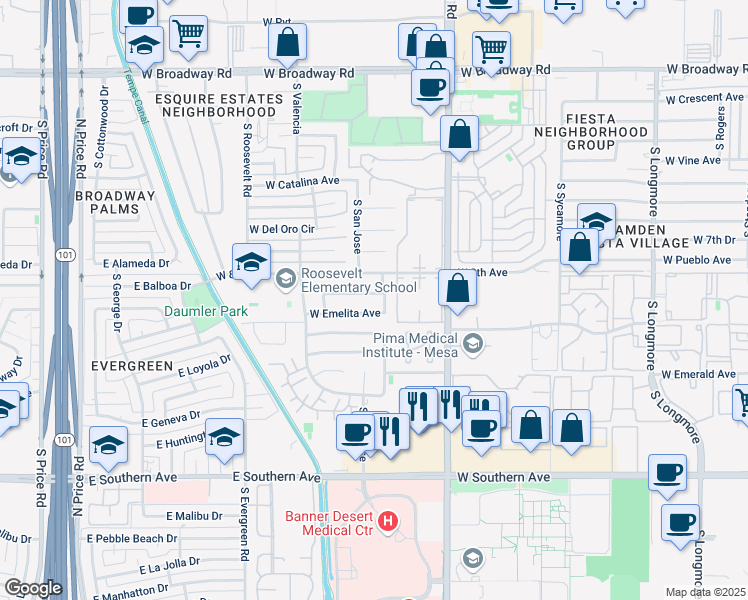 map of restaurants, bars, coffee shops, grocery stores, and more near 2122 West Emelita Avenue in Mesa