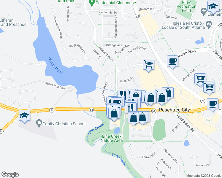 map of restaurants, bars, coffee shops, grocery stores, and more near 304 Glenview Drive in Peachtree City